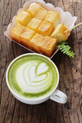 Hot green tea with matcha and toast