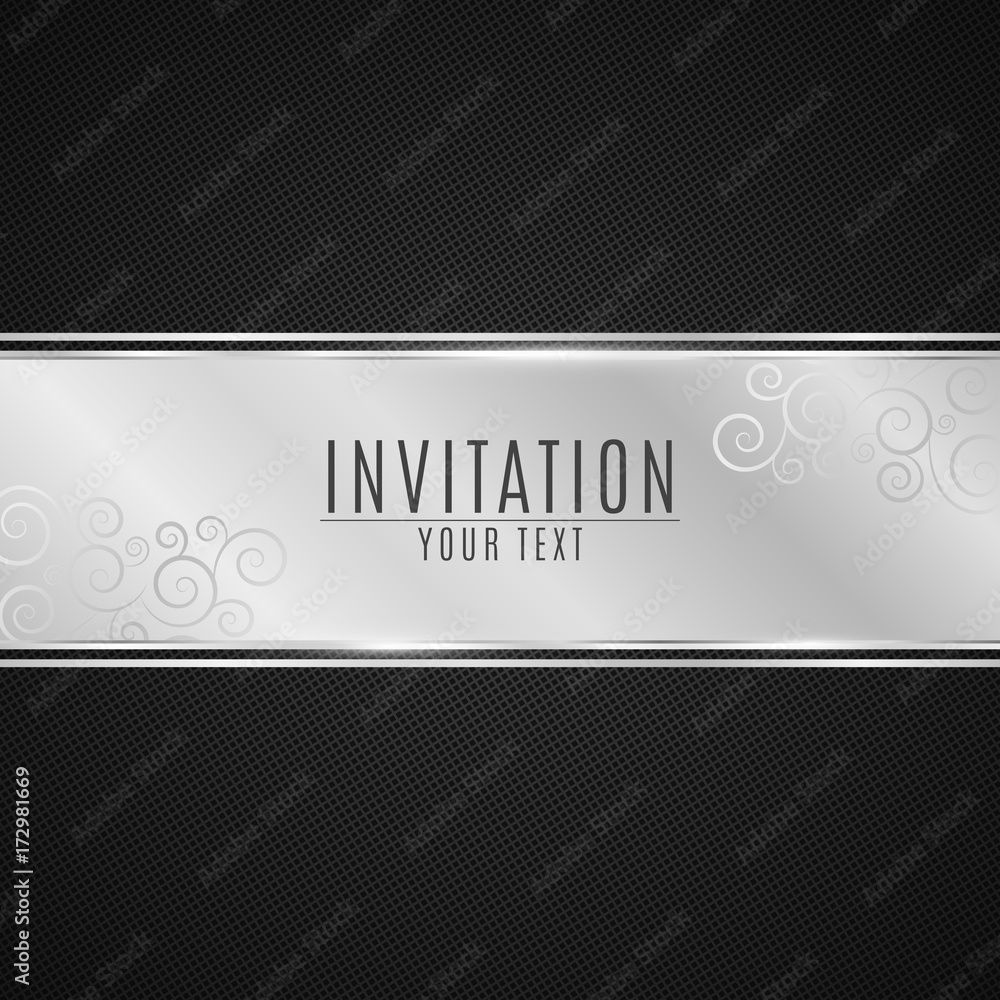 Poster luxurious invitation. silver ribbon banner on a black background with a pattern of mesh. realistic s