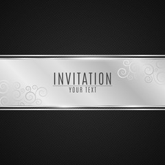 Luxurious invitation. Silver ribbon banner on a black background with a pattern of mesh. Realistic silver strip with an inscription. Silver invitation. Vector