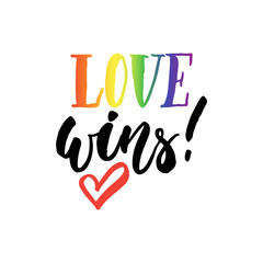 Love wins - LGBT slogan hand drawn lettering quote with heart isolated on the white background. Fun brush ink inscription for photo overlays, greeting card or t-shirt print, poster design.
