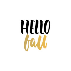 Hello fall - Autumn hand drawn lettering quote isolated on the white background. Fun brush ink inscription for photo overlays, greeting card or t-shirt print, poster design.
