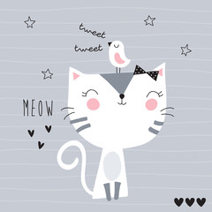 cute cat with bird vector illustration