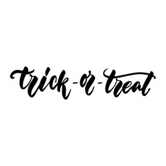 Fototapeta na wymiar Trick or treat - hand drawn halloween lettering quote isolated on the white background. Fun brush ink inscription for photo overlays, greeting card or t-shirt print, poster design.