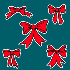 Set of red gift bows for celebration christmas and present to birthday. Vector illustration silhouettes for decoration in doodle cartoon style