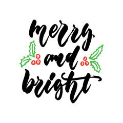 Merry and Bright - Chritmas hand drawn lettering quote isolated on the white background. Fun brush ink inscription for photo overlays, greeting card or t-shirt print, poster design.