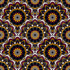 Seamless pattern rising sun ornament. Floral textile print. Islamic vector design. Oriental background with vector mandalas. Stained glass vitrage.