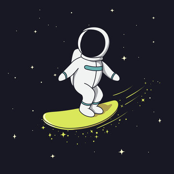 Surfer astronaut flying on surfboard