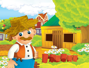 cartoon scene with happy man working on the farm - standing and smiling / illustration for children