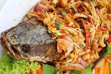 Fried snapper spicy mix vegetable is delicious