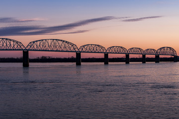 Naklejka na ściany i meble Sunset / Blue Hour at Historic Brookport Bridge - Ohio River, Brookport, Illinois & Kentucky