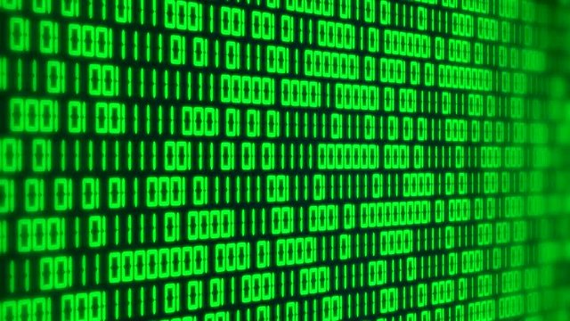 3d animation of a green binary code. Motion background - depth of field.