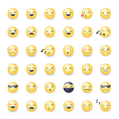 Smileys vector icon set. Emoticons pictograms. Happy, merry, singing, sleeping, ninja, crying, in love and other round yellow smileys. Large collection of smiles