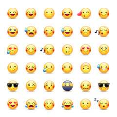 Smileys vector icon set. Emoticons pictograms. Happy, merry, singing, sleeping, ninja, crying, in love and other round yellow smileys. Large collection of smiles