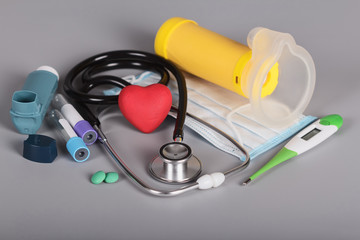 Medical equipment for inhalation, respiratory mask and phonendoscope isolated