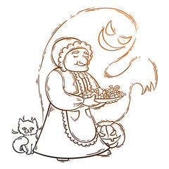 Cute granny with ghost and cat near pumpkin. Halloween card or poster.