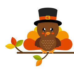 cute turkey with hat on a branch