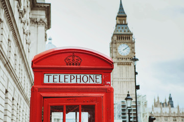 Fototapeta na wymiar Red telephone box and Big Ben. London, UK