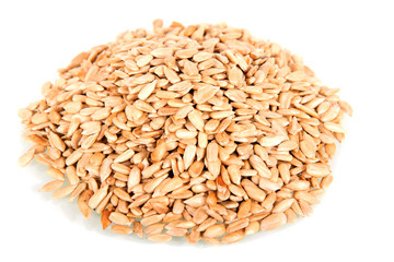 A pile of peeled fried sunflower seeds isolated on white.