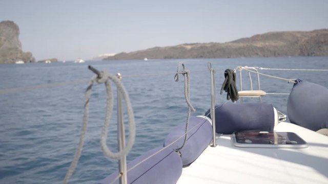 4k travel video boats tour with catamaran in caldera of santorini island greece