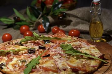 Delicious fresh pizza served on wooden table 