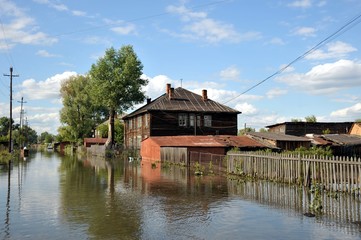 Obraz premium Flood. The river Ob, which emerged from the shores, flooded the outskirts of the city.