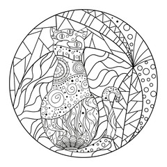 Mandala with cats. Zentangle. Hand drawn cat with abstract patterns on isolation background. Design for spiritual relaxation for adults. Black and white illustration for coloring. Outline for t-shirts