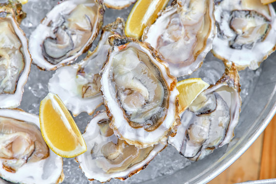 A bucket of ice filled with oysters.