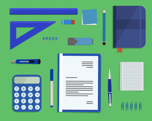 Blue stationery on a green background. Top view of a desk. There is a calculator, a folder, a diary, a ruler, a stationery knife, a marker and other objects in the picture. Vector flat illustration