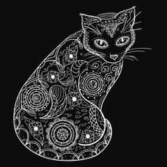Cat. Design Zentangle. Hand drawn cat with abstract patterns on isolation background. Design for spiritual relaxation for adults. Print for polygraphy, posters, t-shirts and textiles. Zen art