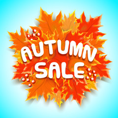 Autumn sale text banner with colorful seasonal fall leaves in blue background for shopping discount promotion. Vector illustration.