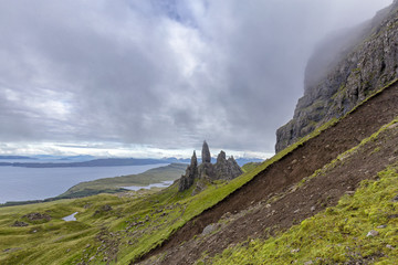 A landslide in front of the Old Man of Storr on the Isle of Skye in Scotland.