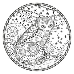 Mandala with cat. Zentangle. Hand drawn cat with abstract patterns on isolation background. Design for spiritual relaxation for adults. Black and white illustration for coloring. Outline for t-shirts