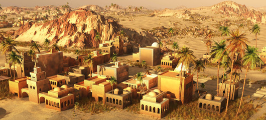 Arabic village on the desert 3d rendering