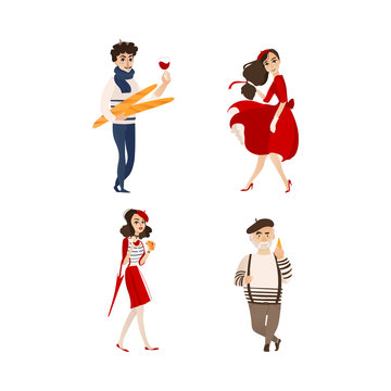 Vector Flat French Parisian Man With Baguette, Woman With Umbrella, Croissant And Glass Of Wine, Girl In Red Dress, Male Character In Pants On Suspenders Set Isolated Illustration Ona White Background