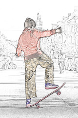 Colored sketch of a Young teenager boy practicing skateboard