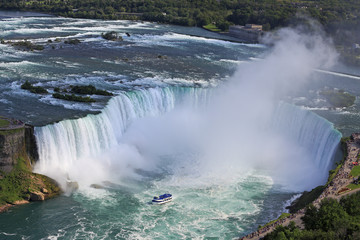 Horseshoe Falls in Niagara and Maid of the Mist boat, aerial view