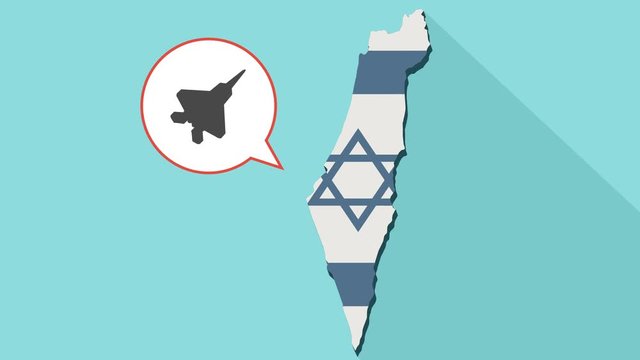 Animation of a long shadow Israel map with its flag and a comic balloon with a combat airplane