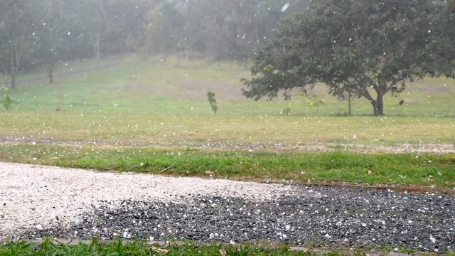 Violent hail storm and strong winds sweeping through farm