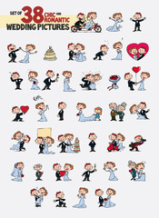 Set of chic and romantic characters bride and groom. Newlyweds dancing, in romantic attitude, hugging... Elements for wedding invitations. Vector illustration in cartoon style.