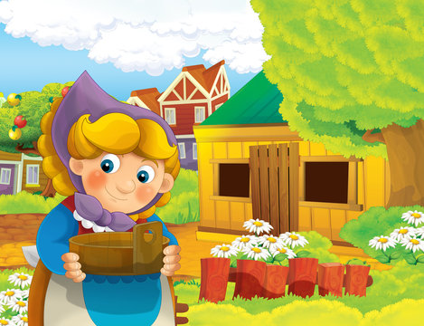 cartoon scene with happy woman working on the farm - standing and smiling / illustration for children