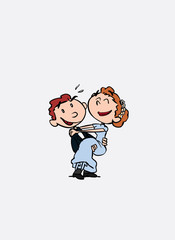 Couple of newlyweds, happy. The groom holds the bride in his arms. Vector isolated characters.
