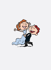 Couple of newlyweds dancing, happy. Vector isolated characters.