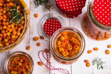 Berries of sea buckthorn with syrup
