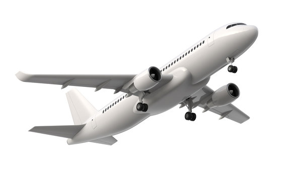 High detailed white airliner, 3d render on a white background. Airplane Take Off, isolated 3d illustration. Airline Concept Travel Passenger plane. Jet commercial airplane