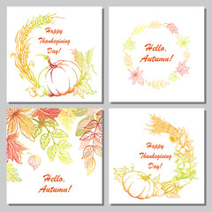 Set of hand-drawn postcards for Thanksgiving Day. Hand-drawn vegetables, leaves
