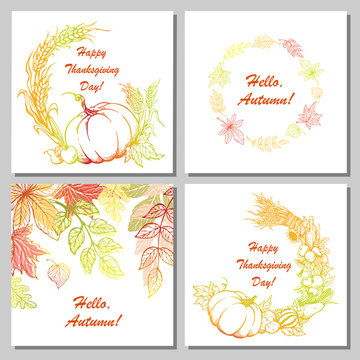 Set of hand-drawn postcards for Thanksgiving Day. Hand-drawn vegetables, leaves