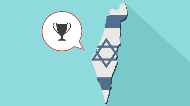 Animation of a long shadow Israel map with its flag and a comic balloon with a trophy