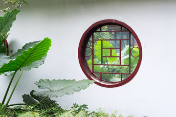 Plants with large leaves thhough a circular window on a white wall, Chengdu, China
