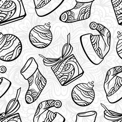 Christmas zendoodles black and white seamless pattern