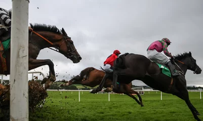 Papier Peint photo Lavable Léquitation Race horses and jockeys jumping hurdles 